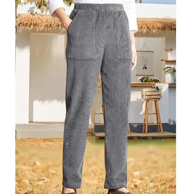 Fashion Straight Corduroy Long Pants Autumn Winter Casual Solid Color Elastic Waist Stripe Trousers Women Loose Fit Warm 30123