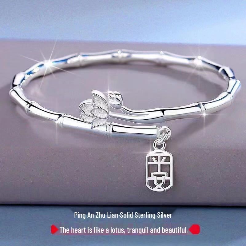 Peaceful Lotus Pure Silver Women s Bamboo Bangle: Openable, Handmade, Engraved, Chinese National Style. Bamboo Joint Peace Bracelet ~22g