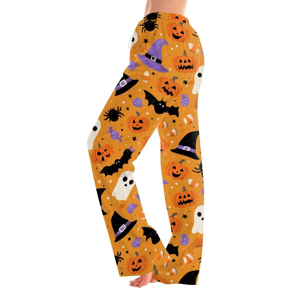 Women's Halloween Print Elastic Waist Drawstring Pajama Pants for Casual and Sleepwear