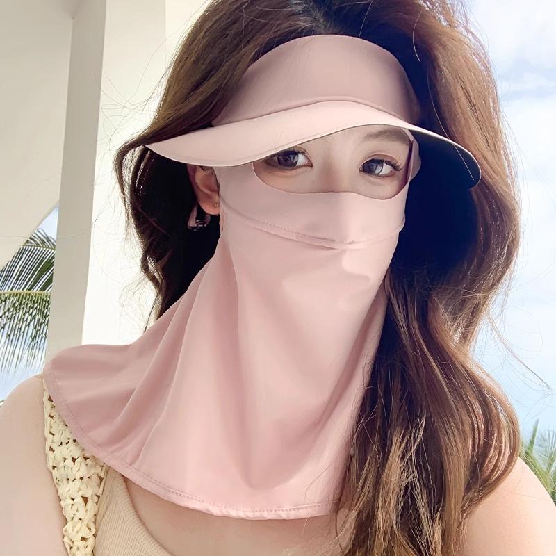 Women's UV Protection Facekini: Removable Ice Silk Mask with Brim, Full Face & Neck Shield.
