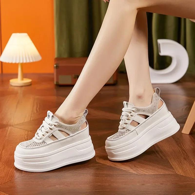 Fashion 8cm New Air Mesh Synthetic Leather Chunky Sneaker Breathable Hollow Platform Wedge Women Flats Shoes Sandals Summer Ethnic