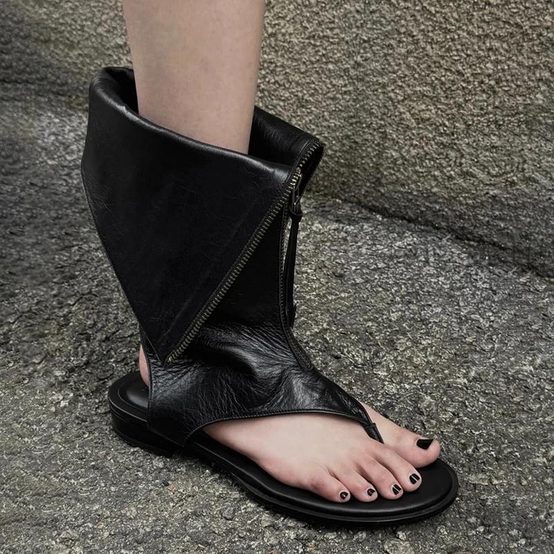 Genuine Leather Flip Flops Cool Boots Mid-Tube Zipper 2025 Summer New Women Flat Sandals Black Open Toe Sandals