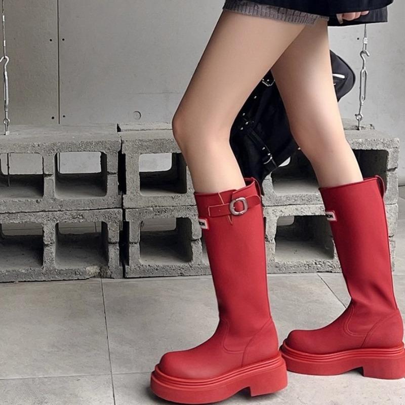 2025 New Leather Version Outdoor Rain Boots Women's High-Cut Knight Boots Knee-High Long Boots Thick Bottom Round Toe