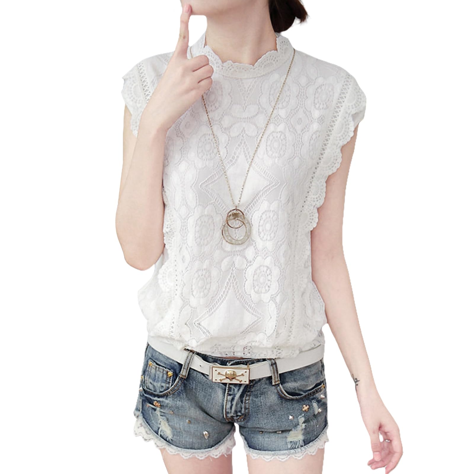 

Lace Short or Long Full Suit Spring Cute and Office Day Gift [MEME XTRA] Women s Blouse, Ruffled, Stand-Up Collar, Sleeves, Lace, See-Through,