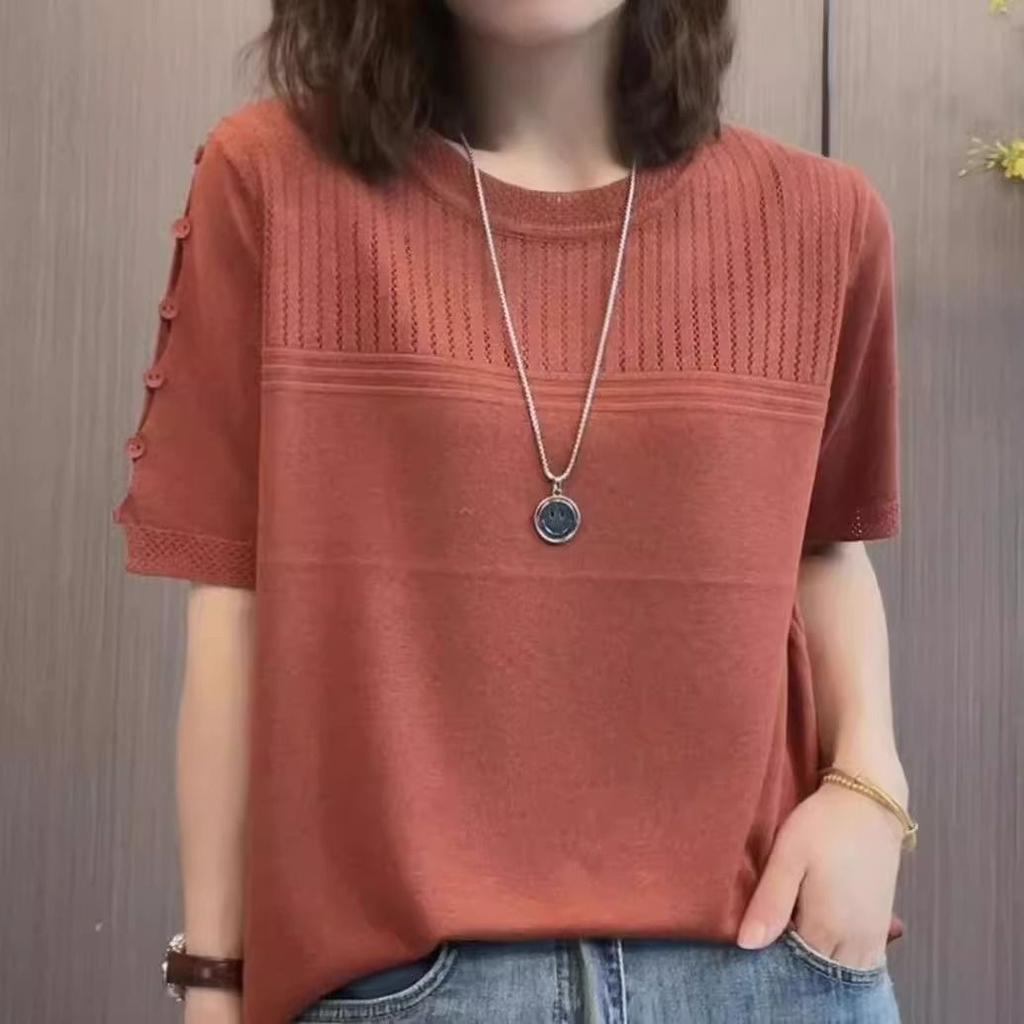 Summer New Middle Aged Women's Ice Silk Knitted Shirt Short Sleeve T-shirt Plus Size Top