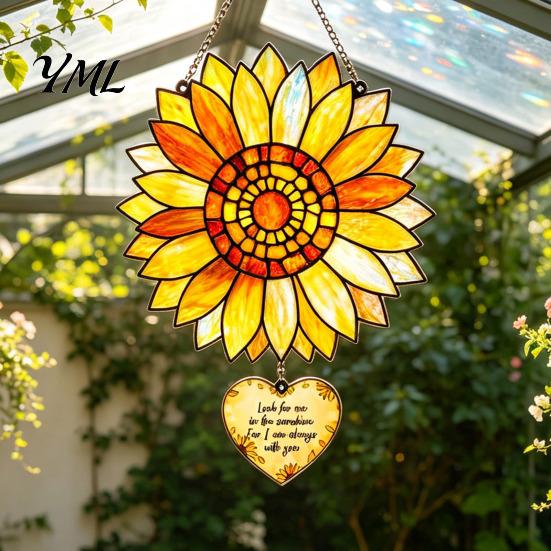 Floral Wall Art Hanging Stained Glass Style Sunflower Pendant, with Metal Artistic Window Ornament Chain, Acrylic for Home Garden Porch Decoration