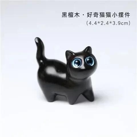 Small Crafts Kawaii Cat Miniature Figurines Handmade Sandalwood Carving Kitty Sculpture Desk Ornaments Gift Home Decoration