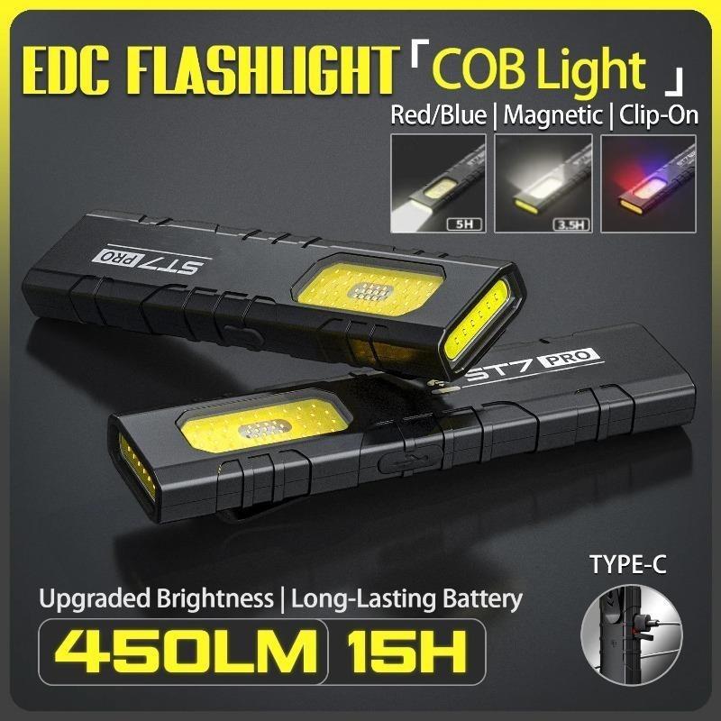 LED COB Flashlight 600LM Type-C Rechargeable Mini Portable Torch Pocket Work Light Magnetic Waterproof Lantern for Outdoor Camping Emergency