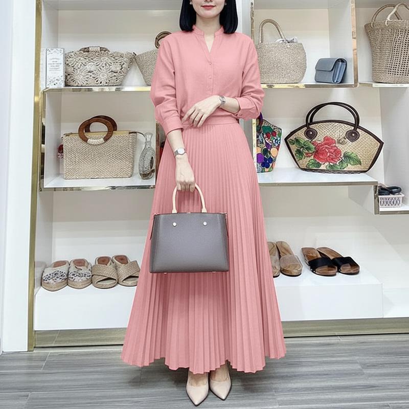 ZANZEA Women Casual V-Neck Solid Color Long Sleeve Elegant Pleated Dress S розовый