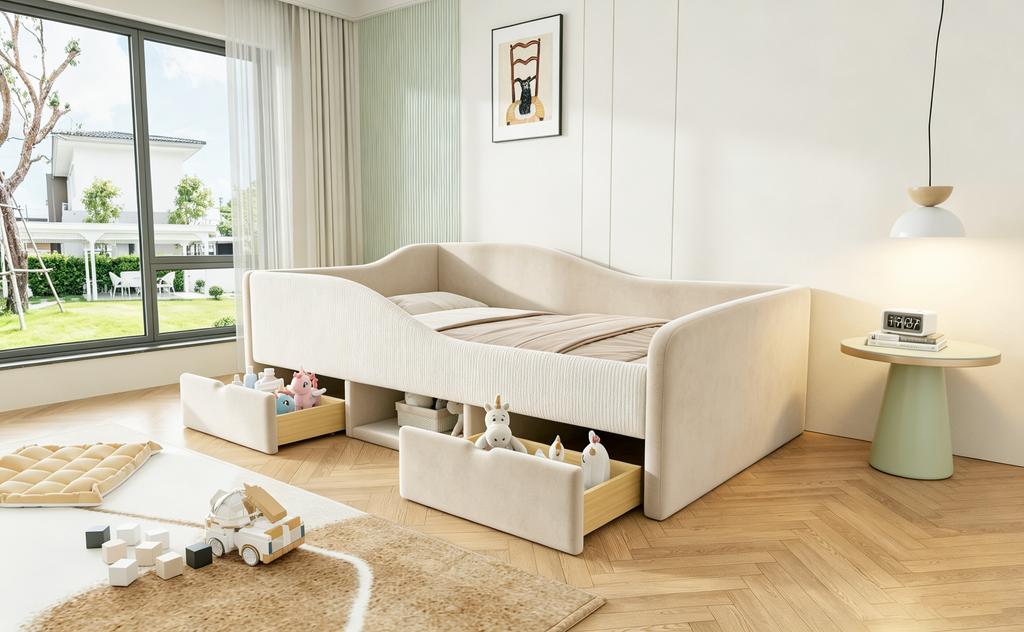 Upholstered Bed Children's Bed 90*190, Multifunctional Bed With Two Drawers and Fences, Skin-friendly Velvet Fabric, Without Mattress Beige