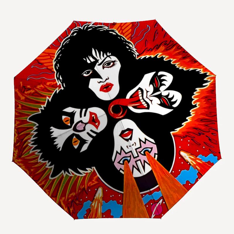 Ombrello Pieghevole Automatico con Stampa KISS Faces e Robusto Telaio in Ferro, Ombrello da Viaggio Compatto Portatile per Tutte le Stagioni Feste003