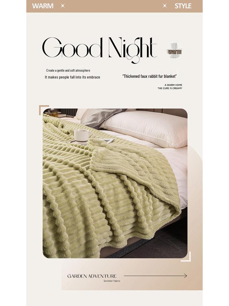 Thickened Plush Blanket - Wide Stripe, Grid Cut, Imitation Rabbit Fur, Small Flannel Blanket, Machine Washable