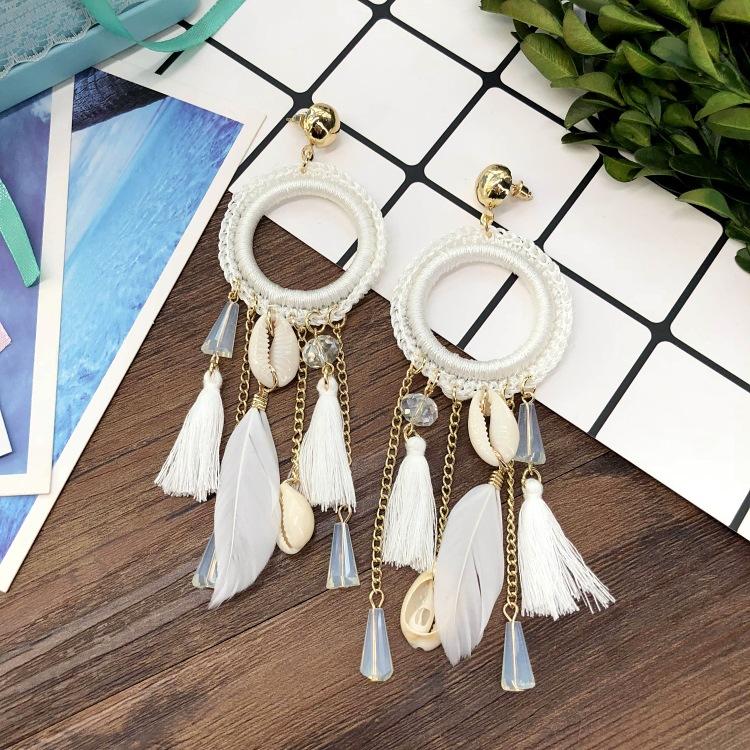 European and Korean Temperament Dream Catcher Element Earrings Female Bohemian Seaside Vacation Feathers Fringed Earrings Versatile Earrings