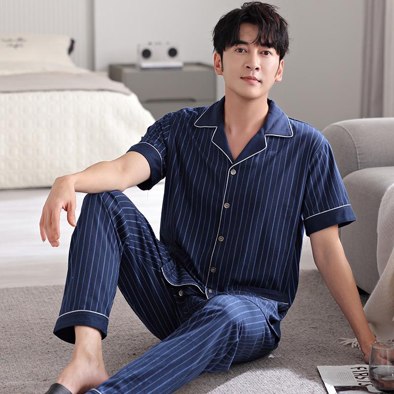 Pajamas Men's Summer Cotton Short Sleeve Trousers Men's Thin Summer Large Size Half Sleeve Men's Summer Loungewear Set