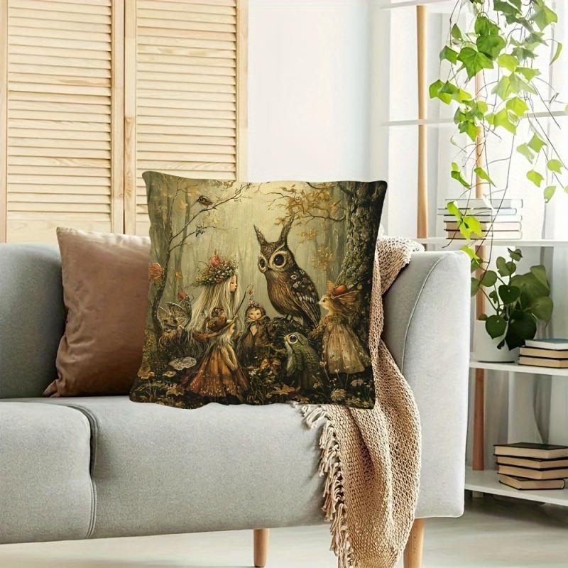 Vikama Enchanted Forest Folk-Style Pillowcase Whimsical Owl Autumn Scenery Decorative Sofa Cover Cushion Case