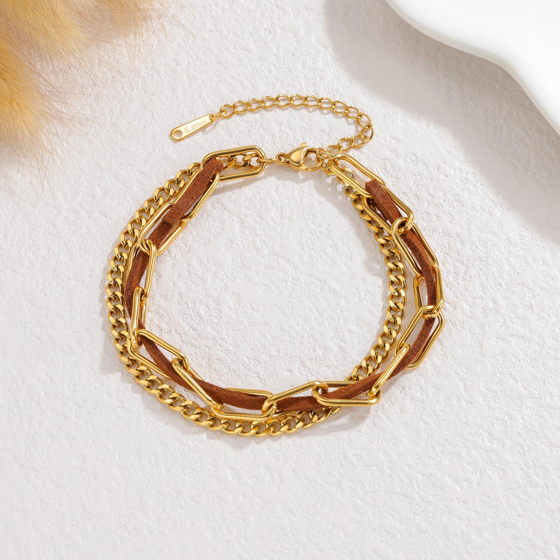 

Винтажный золотой многослойный кожаный и металлический браслет-цепочка - Изысканная бижутерия из нержавеющей стали