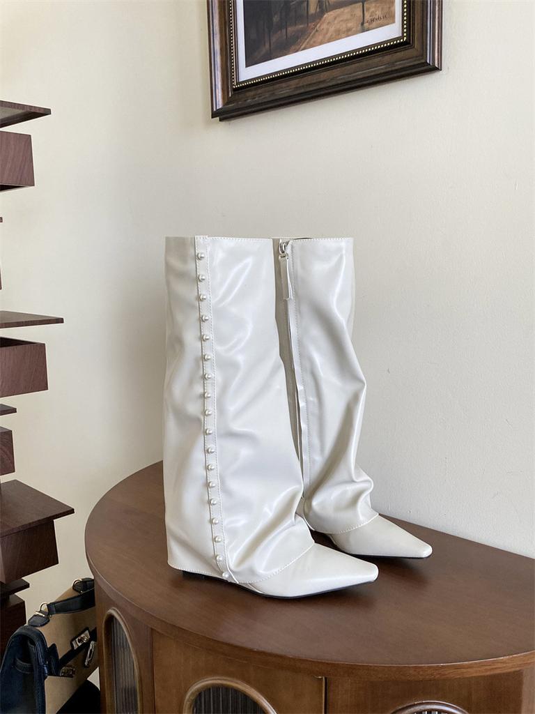 Skinny White Trouser Boots 2025 New Pointed High Knight Boots Wedge Heel Boots Women's Knee-length Boots