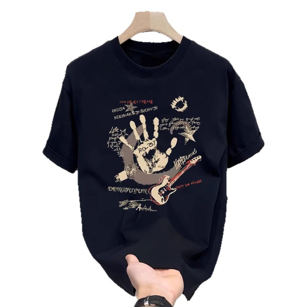 Heavy 100% Cotton Short-Sleeved T-Shirt Men'S Hong Kong Style Trend Printed Half-Sleeved Loose Couple T-Shirt