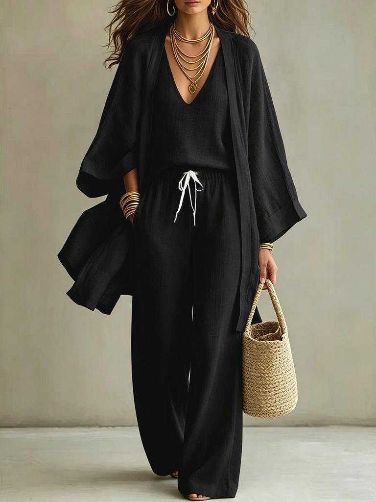 European/American Spring-Fall Three-Piece Set: Loose 9-Sleeve Cardigan, Sleeveless Vest, and Long Pants.