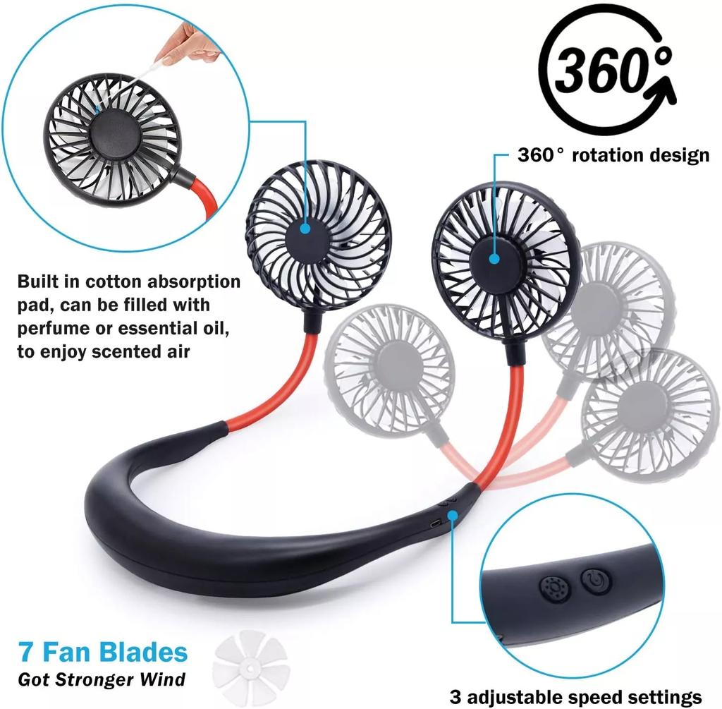 2022 Fashion Power Saving Hand-free Neck Fan Usb Fan Sport Mini Portable Hanging Neckband Fan