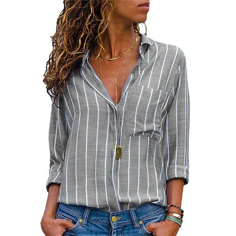 Womens Long Sleeve Loose Blouse Casual Tops Featuring Elegant V-neck Button-up Design