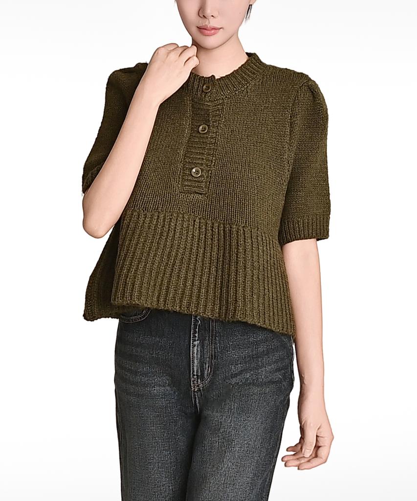 Keulleiseu Princess Puff Sleeve A-Line Short Sleeve Knit_Navy