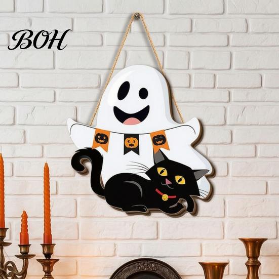 Easy Clean Festive Door Hanger Cute White Ghost Wooden Sign with Black Cat BOO Boho Halloween Room Decoration Banner, Waterproof Front Plaque