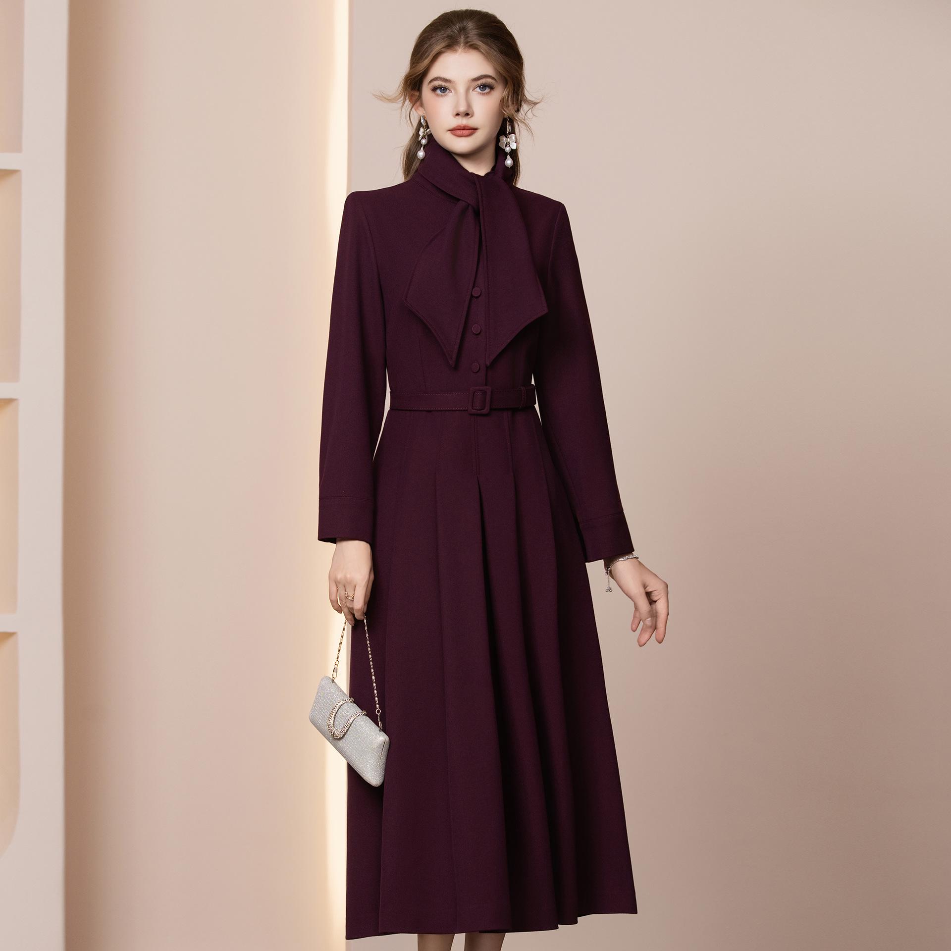 Элегантное платье Zhi Li Весна 2026 со шарфом: Стройное длинное утепленное шерстяное пальто-платье XL