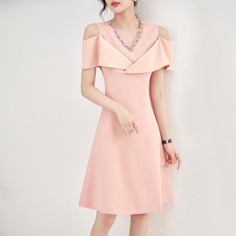 Nanyou Elegant Diamond V-Neck Off-Shoulder Slim Dress for Women