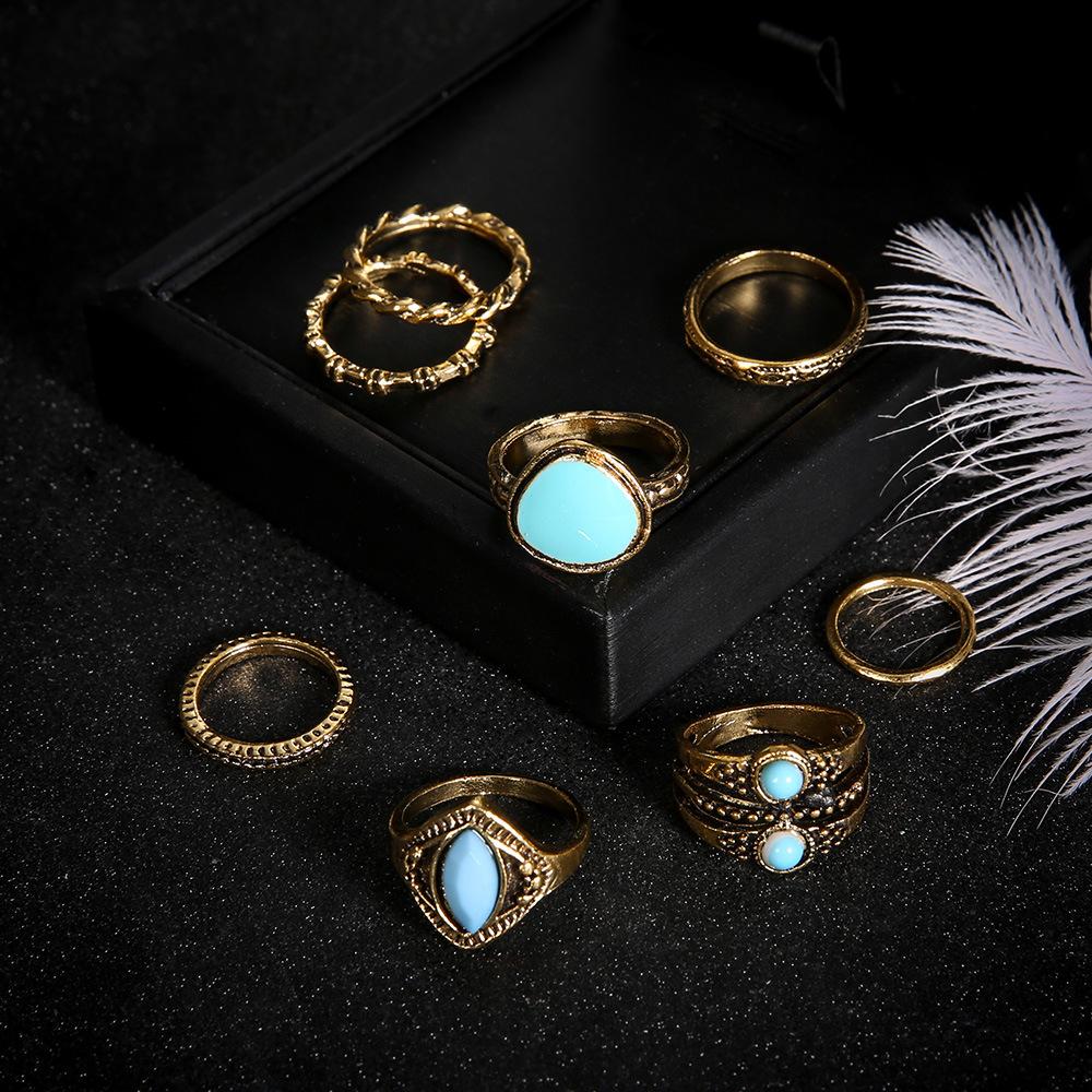 Bohemian Retro Gold Lotus Female Personality Ring Ring 8-Piece Jewelry