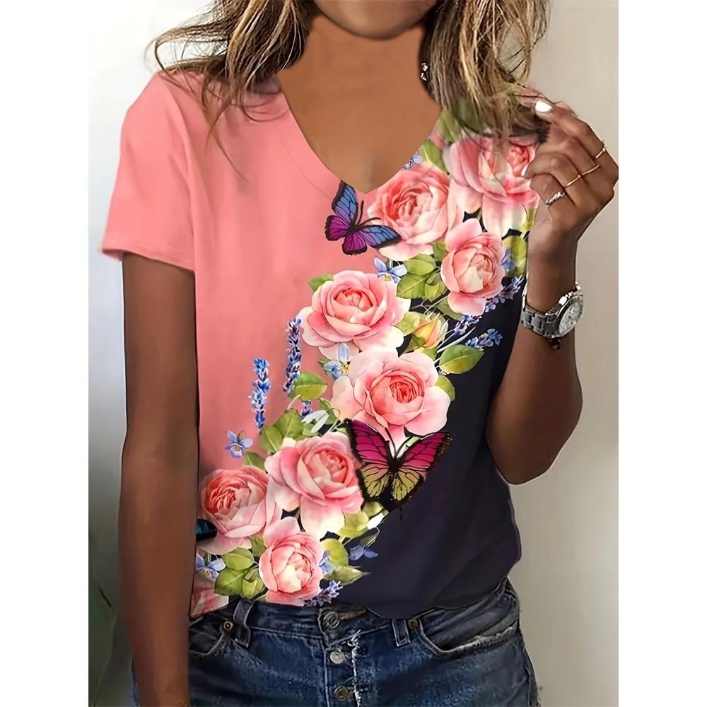 Summer large women's T-shirt fashionable blue flower print casual elegant V-neck T-shirt daily comfortable women's T-shirt