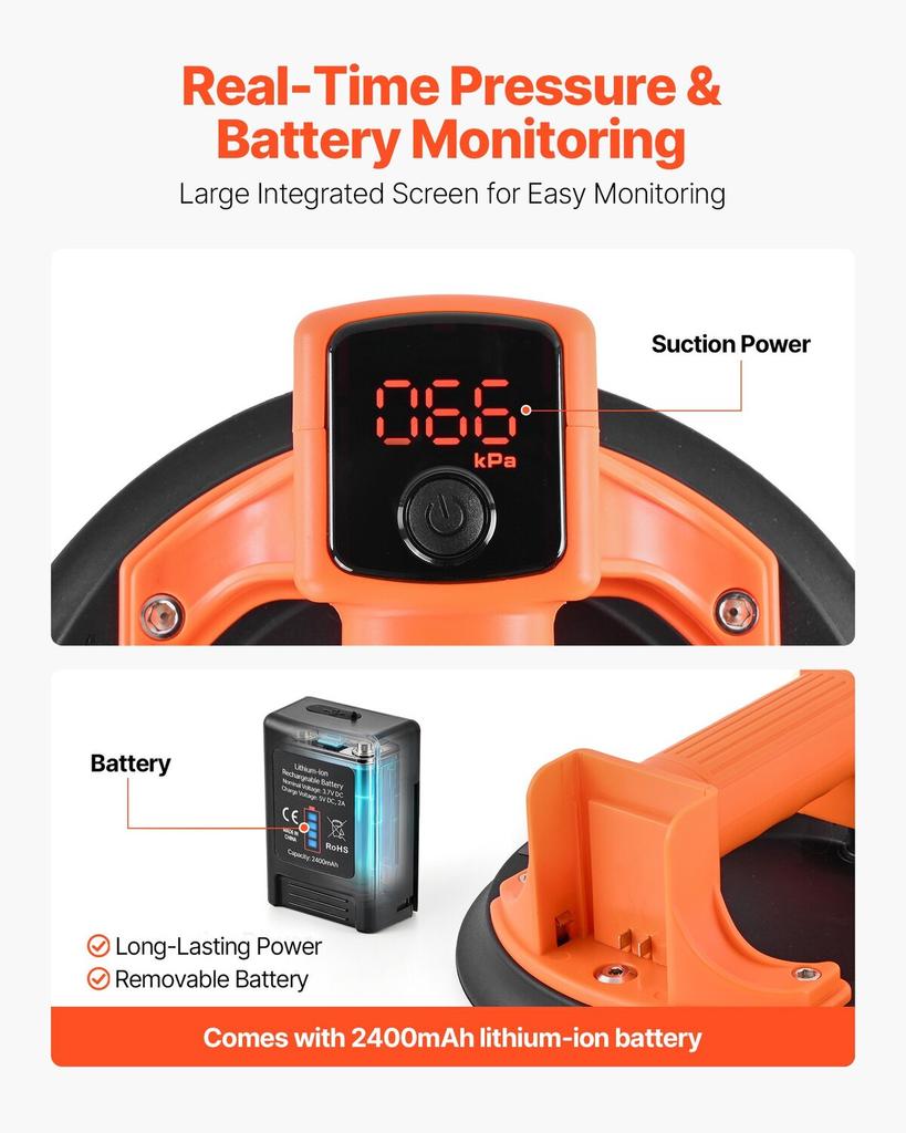 Electric Suction Cup, 203 Mm Vacuum Glass Lifter with Digital Display for Suction Power & Battery Level, 200 Kg Max Lifting Capacity Tile Suction Cup