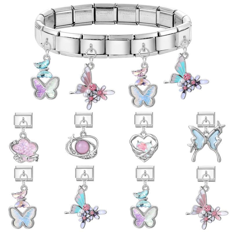 Zircon Colorful Crystal Butterfly Heart Flower Pendant Italian Charm Link Fit 9mm Bracelet Stainless Steel Women DIY Making Gift