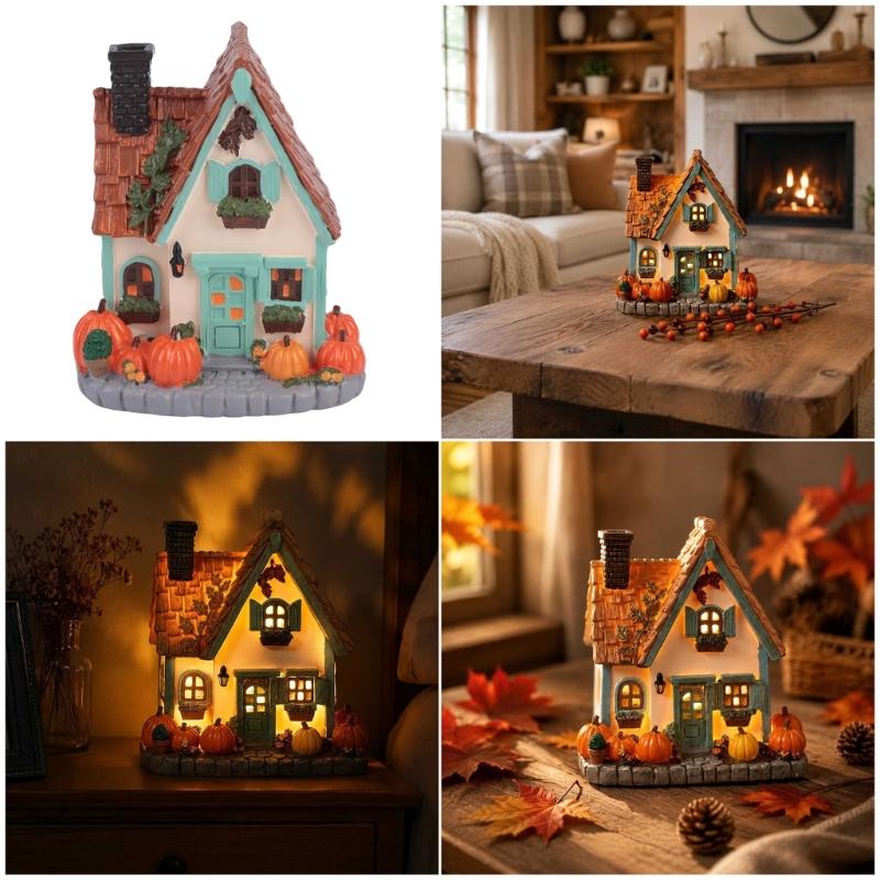 Lighted Pumpkin House Figurine Resin Cottage Statue Warm LED Lighted Ornament for Fall Table Centerpieces, Shelf Decors and Seasonal Home Display
