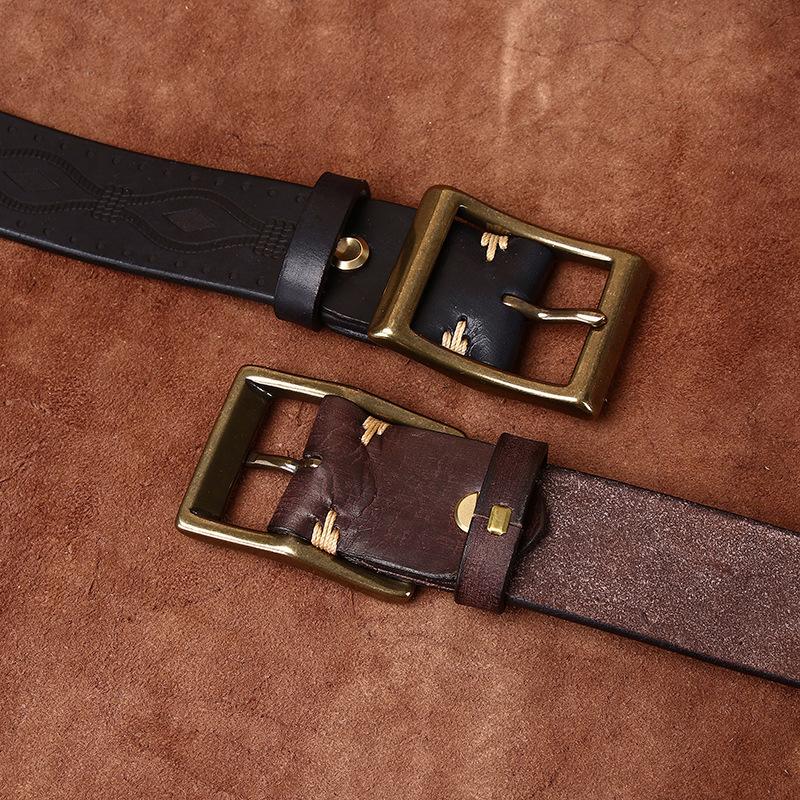 Retro Personality Trend Embossed Thickened First Layer Cowhide Belt Men'S Genuine Leather Copper Buckle Casual Jeans Belt Men'S