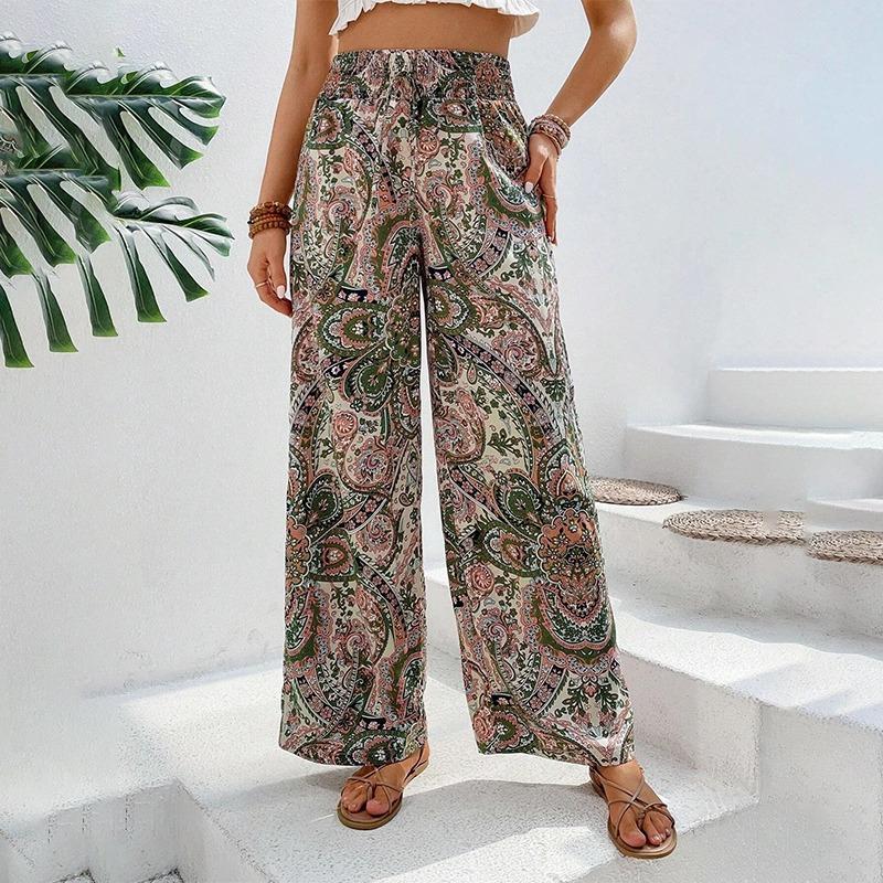 Summer Printing Wide Leg Pants for Women Straight Trouser Fashion Elastic Waist Versatile Breathable Grace Ladies Streetwear