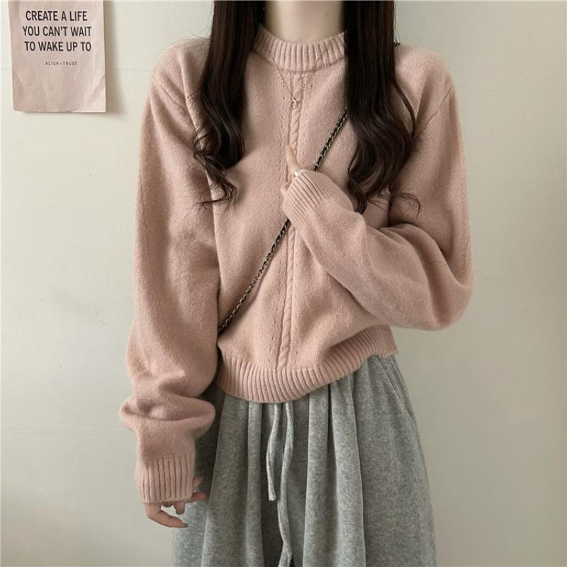 

Solid color simple casual knitted bottoming shirt women s autumn and winter new loose pullover sweater with top inside One Size розовый