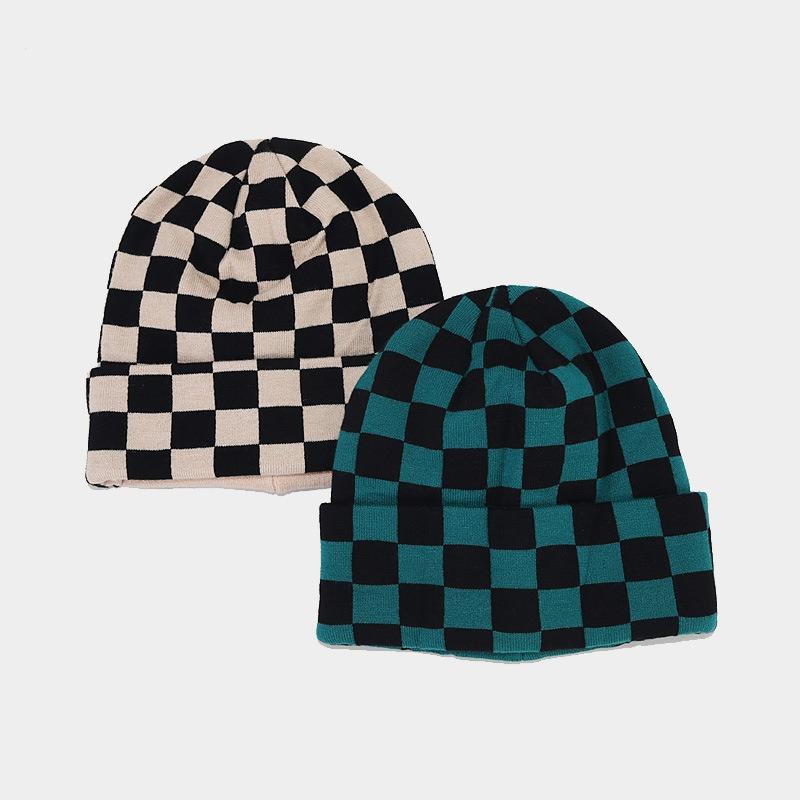 Literary Small Fresh Checkerboard Plaid Wool Hat for Men and Women Thickened Warm Retro Knitted Hat Autumn and Winter Hat