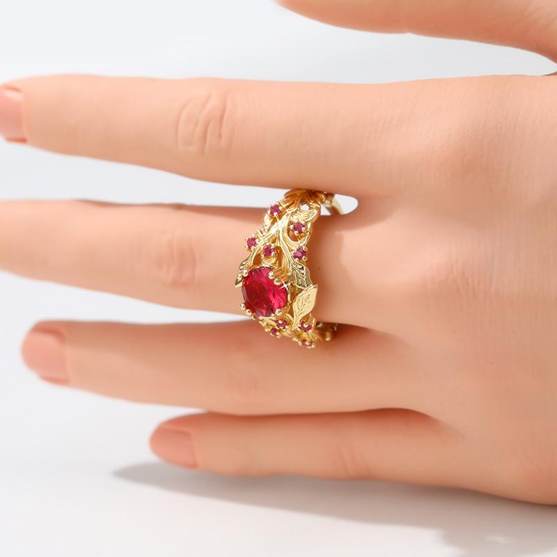 Gorgeous Inlaid Red CZ Leaf Women's Ring Dazzling Gold Color Hand Carving Daily Wear Party Jewelry Anniversary Gift