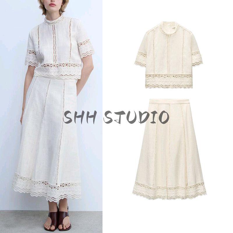 Women's Stand Collar Crocheted Detail Short Sleeve Shirt 2731043 Crocheted All-Matching Comfortable Skirt 2731044