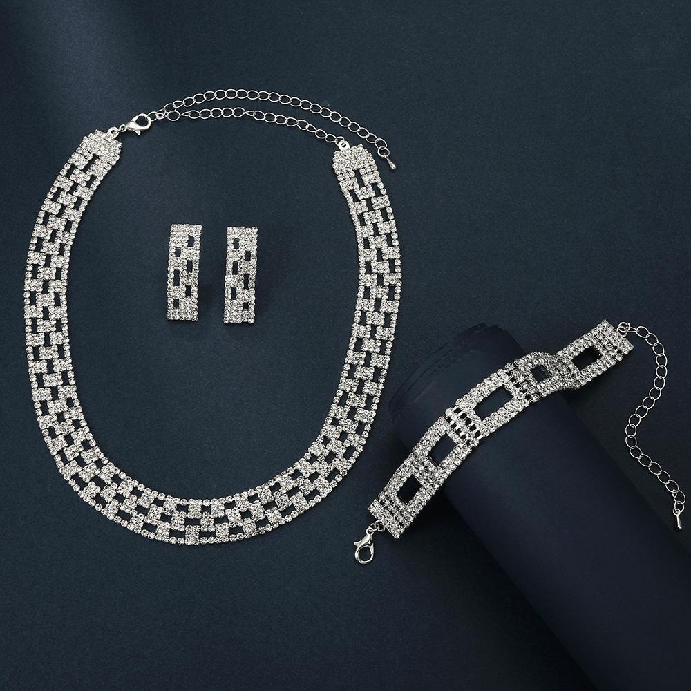 Jewelry Luxury Wedding Dinner Party Women'S Water Diamond Hollow Necklace Stud Earrings Two-Piece Set