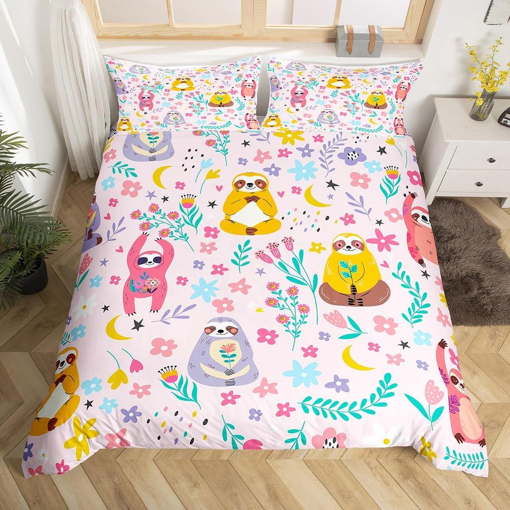 Sloths Tropical Leaves Warm Comforter Cover Set Beding Set for Children Kids Young Boys Young Girls Lovely Animal Soft Duvet Cover Lovely Bedspread