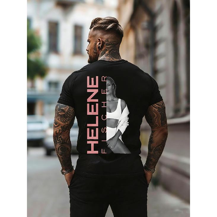 Schwarzes T-Shirt mit Helene Fischer Porträt und Namensdruck für Winter-Outdoor-Mode, Übergröße