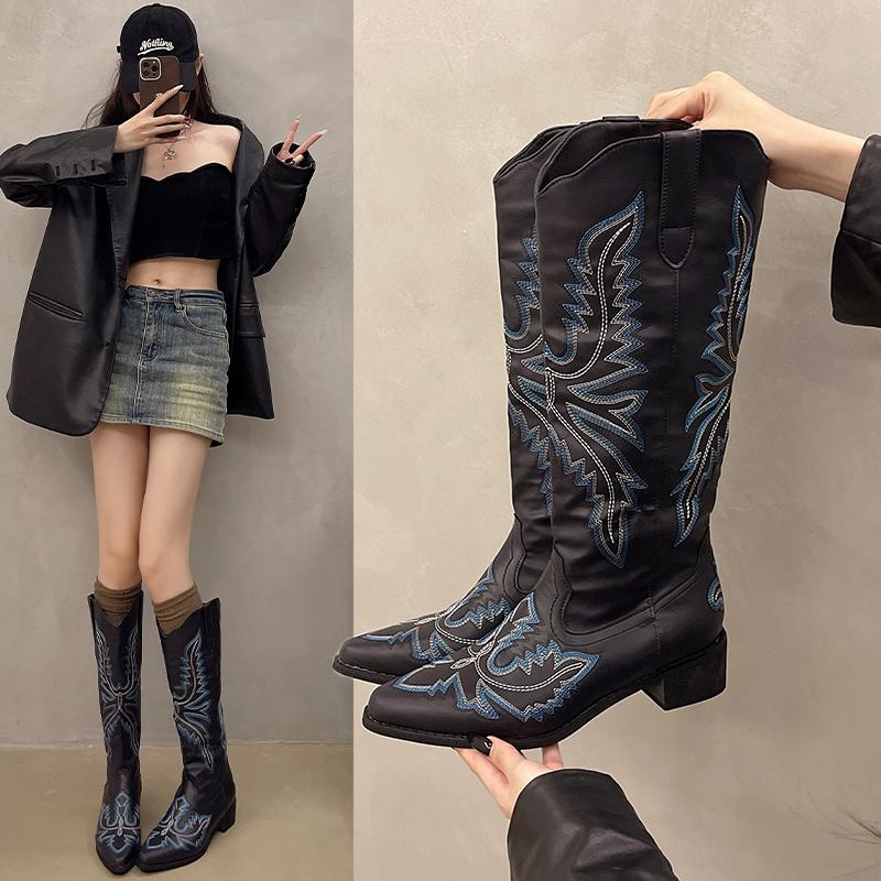 New Style Women Autumn/Winter Colors European and American Pointed Thick Heel High Barrel Large Western Side Zipper Denim Boots