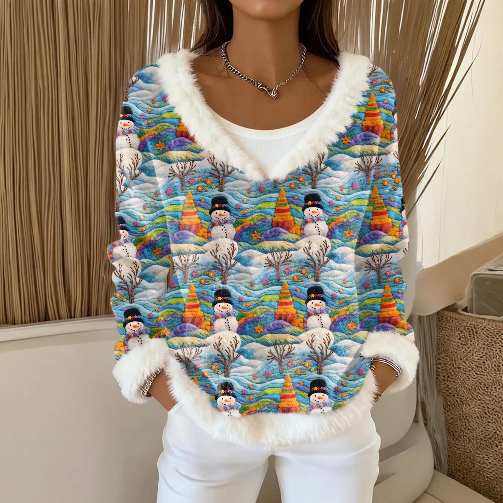 

Женский модный плюшевый пуловер с V-образным вырезом, футболка с длинным рукавом, рождественская толстовка с принтом M синий