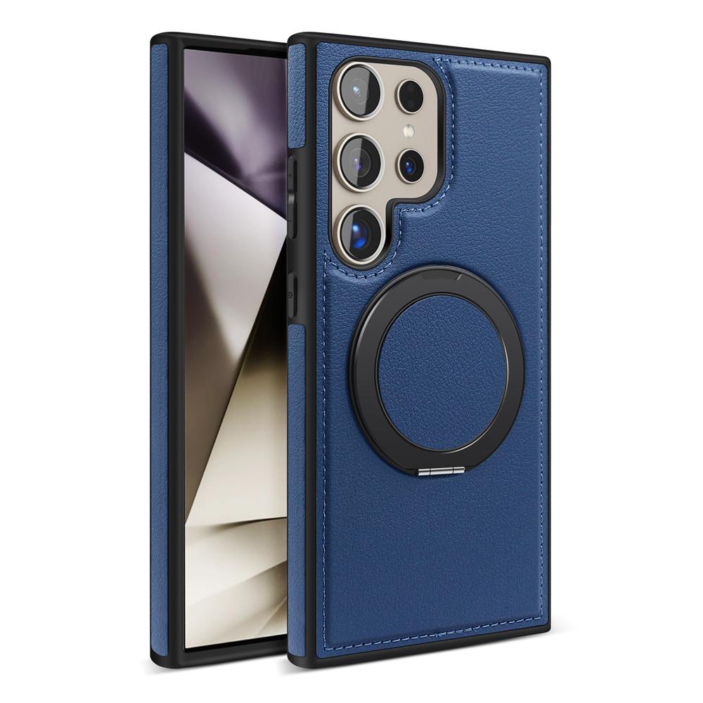 Genuine Leather Phone Case For Magsafe Samsung S24 S25 Ultra S23 S22 Ultra Plus Magnetic Rotating Metal Holder Stand Back Cover
