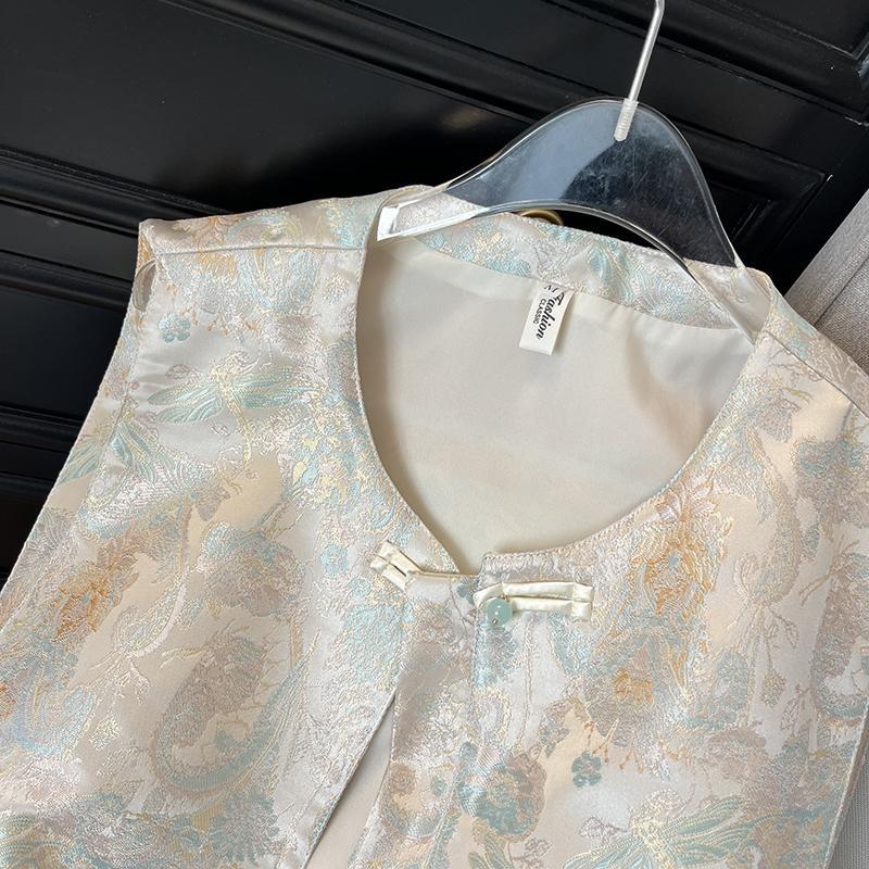 2025 Vintage Vest Women's Spring Satin Jacquard Crew Neck Sleeveless Vest Top