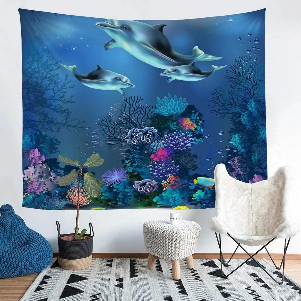 Unterwasser-Oase Wandteppich Delfin Unter dem Meer Korallenfische Anemonen Tiefsee Fantasy Blasen Wandbehänge Dekor Zimmer Wandteppiche