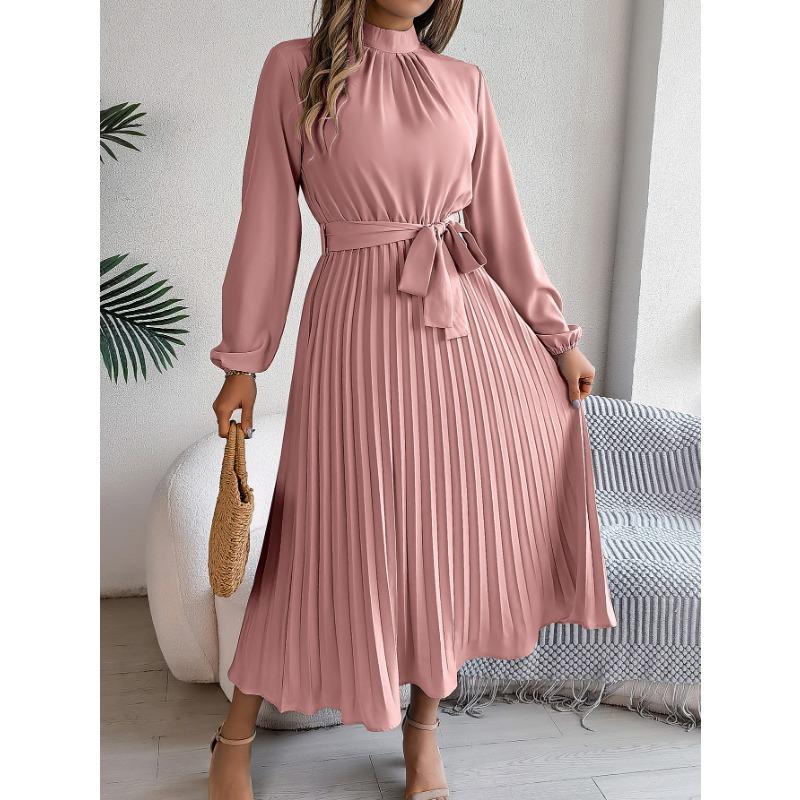 Spring and Autumn Elegant Stand Collar Long-sleeved Waist-fitting Pleated Women's Dresses