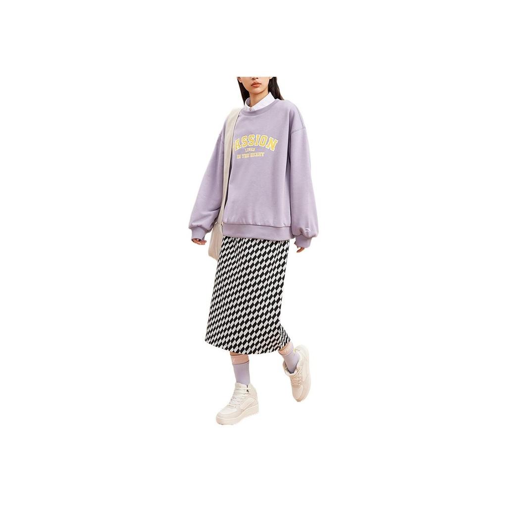 Anta Letter Print Round Neck Pullover Fleece Long Sleeve Sweatshirt Women Sweatshirt Gray 962248708-2